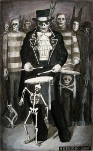 Drummer with skeleton, 2008, Pen and ink, 20cm x 30cm. SOLD